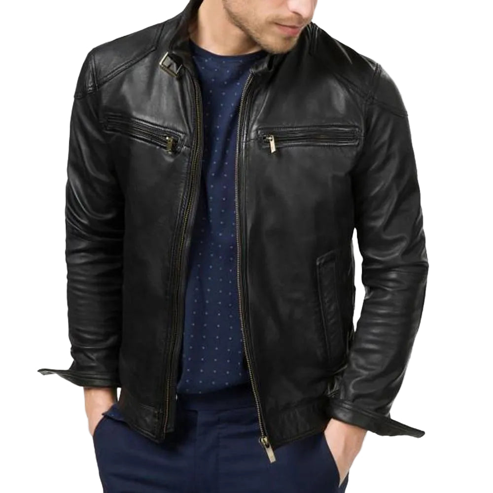 men's black quilted lambskin leather racer jacket ronan front view