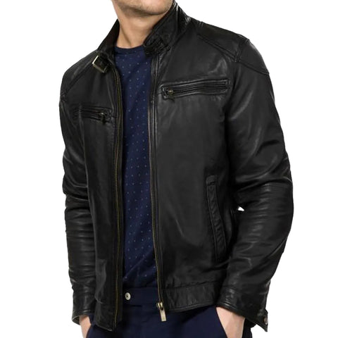men's black quilted lambskin leather racer jacket ronan side angle
