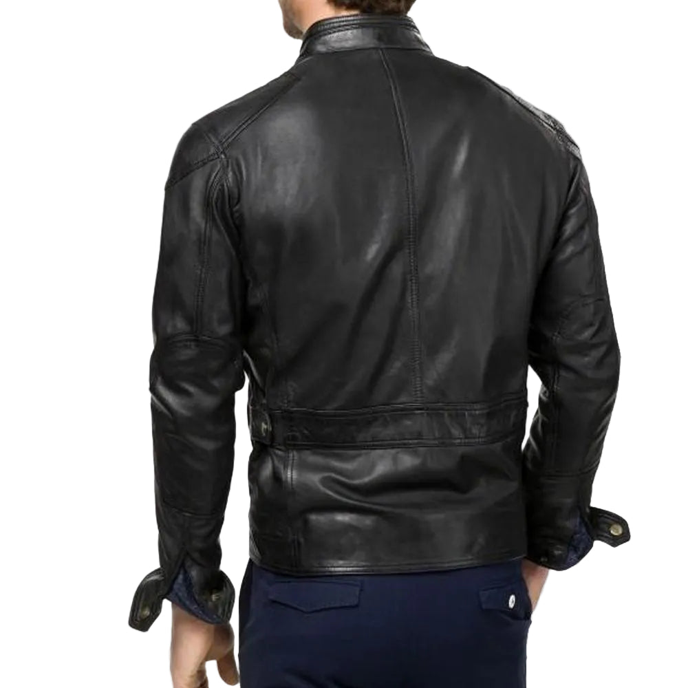 men's black quilted lambskin leather racer jacket ronan detail close up