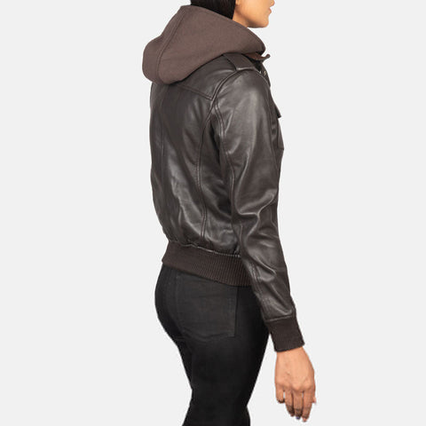 women’s brown cowhide leather bomber jacket side angle