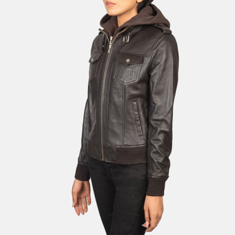 women’s brown cowhide leather bomber jacket back view