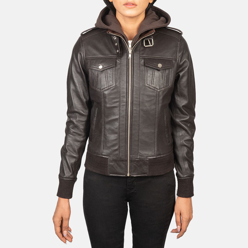 women’s brown cowhide leather bomber jacket front view