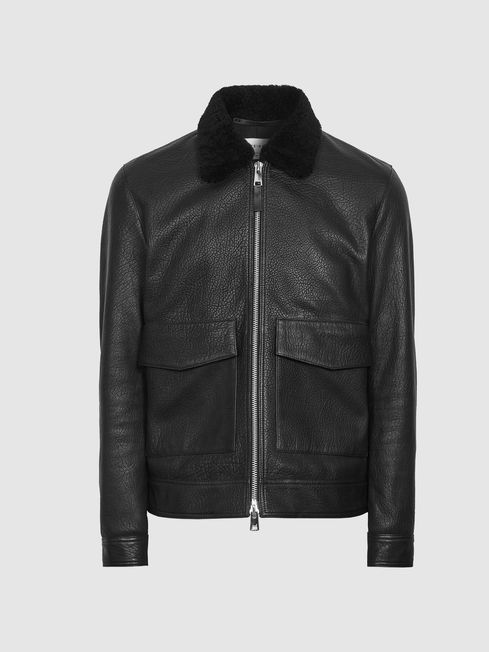 • black leather aviator jacket shearling collar mens front view
