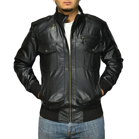 Men’s black leather bomber jacket Sang
