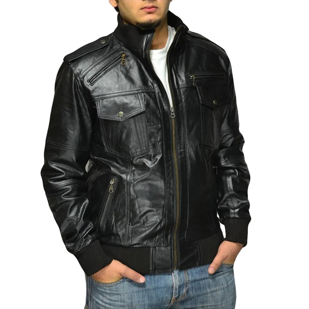 Men’s premium leather jacket in classic black bomber design