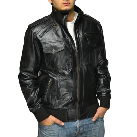 Men’s premium leather jacket in classic black bomber design