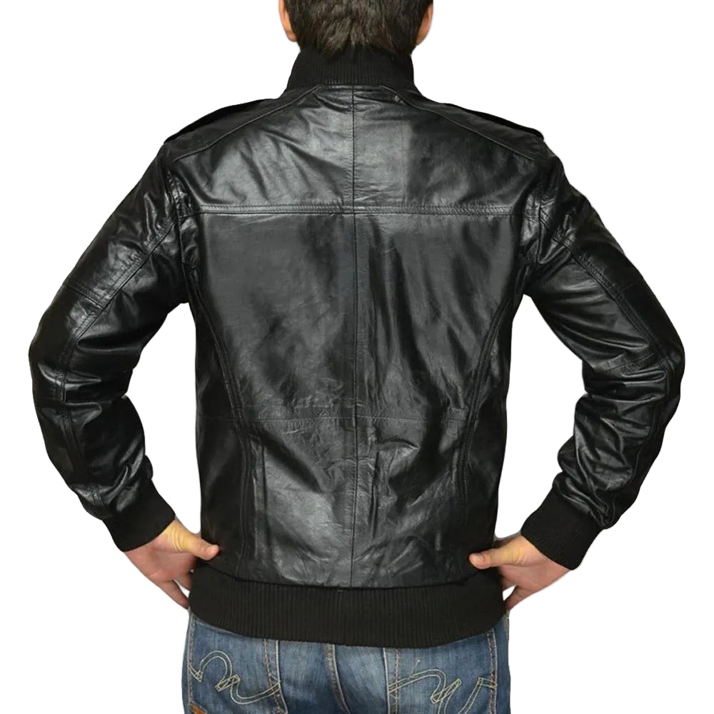 Black leather bomber jacket for men with premium casual style back view
