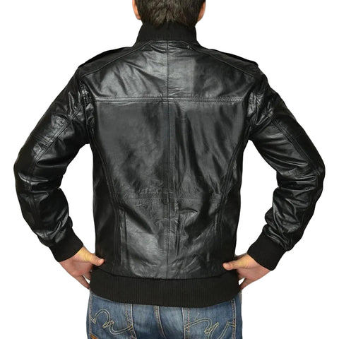 Black leather bomber jacket for men with premium casual style back view

