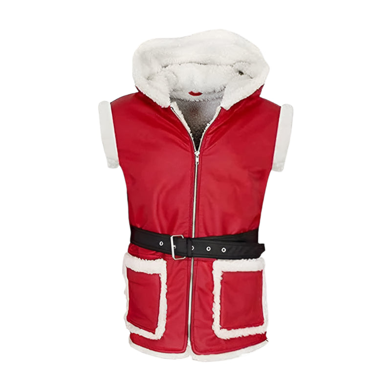 Santa Claus Hooded Red Leather Vest - Christmas Edition - AMSEL LEATHERS