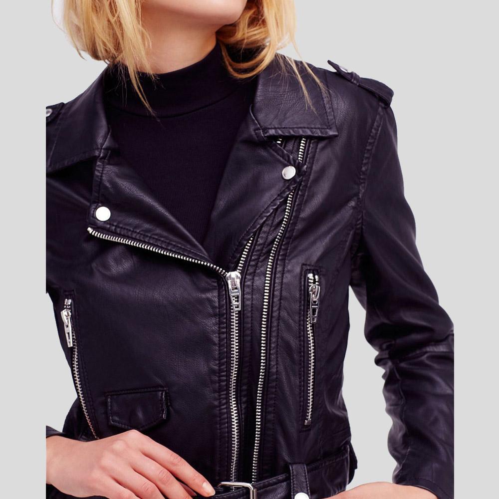 women's black lambskin leather biker jacket ines back view