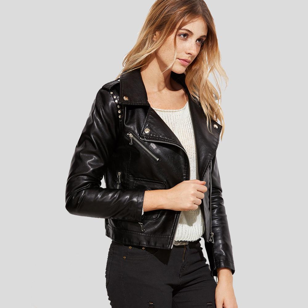 women's black lambskin leather biker jacket lyra back view