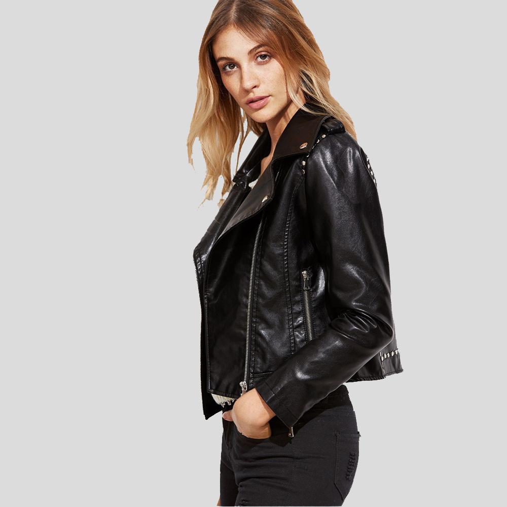 women's black lambskin leather biker jacket lyra detail close up