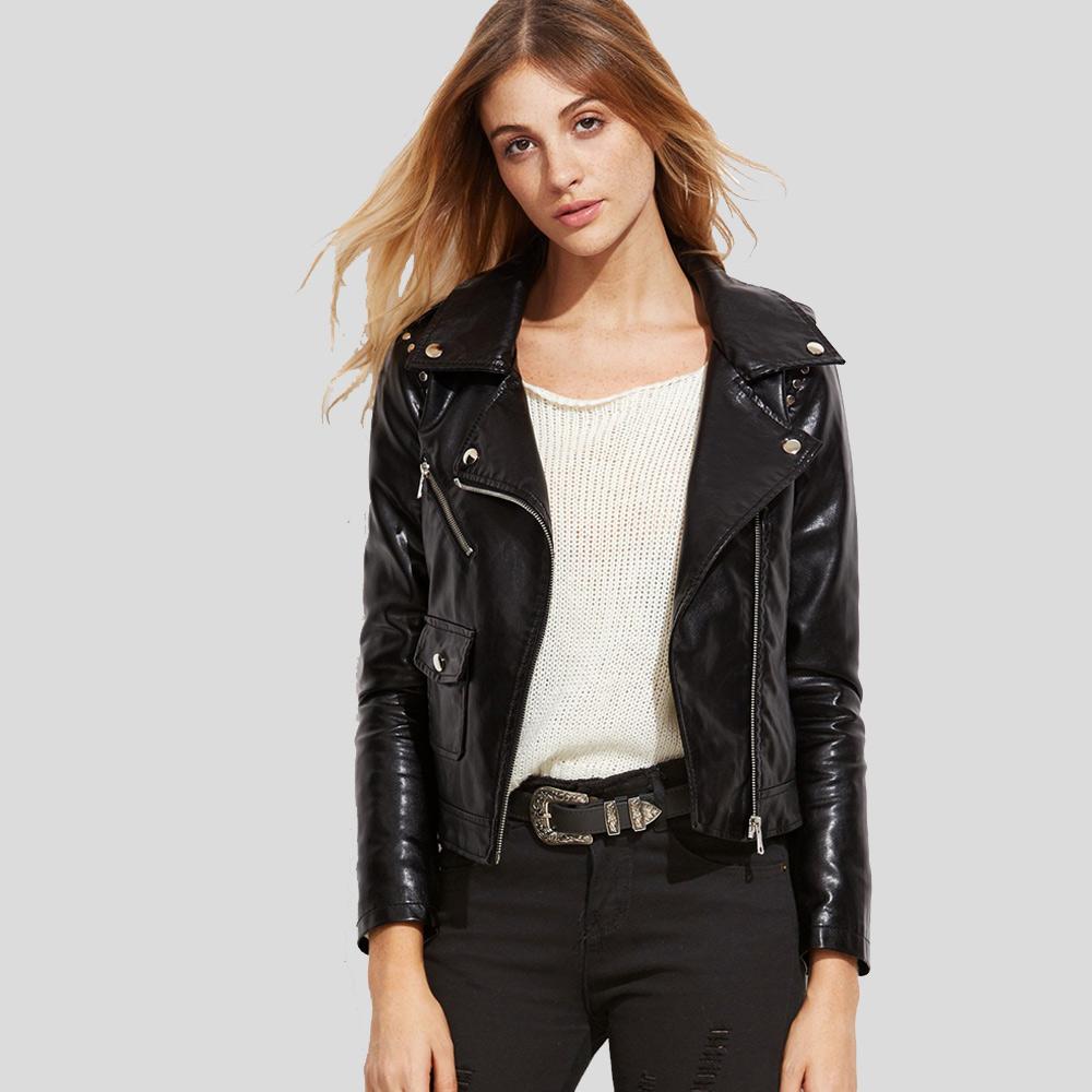 women's black lambskin leather biker jacket lyra front view