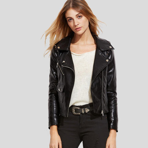women's black lambskin leather biker jacket lyra front view