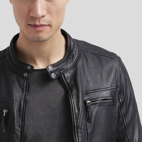 men's black quilted lambskin leather racer jacket valen back view