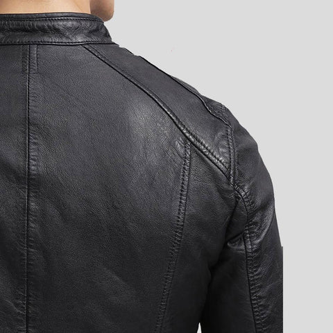 men's black quilted lambskin leather racer jacket valen detail close up