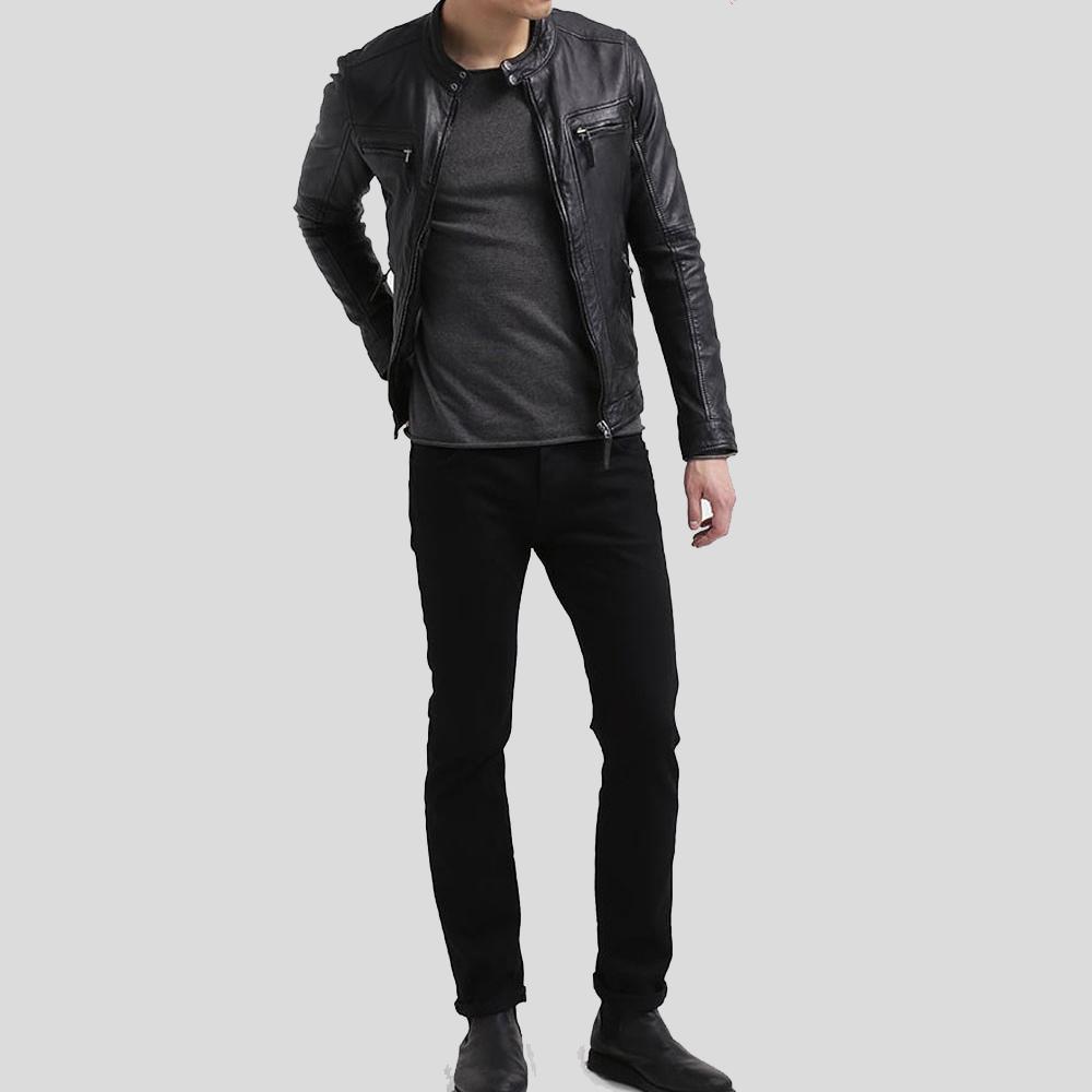 men's black quilted lambskin leather racer jacket valen texture detail