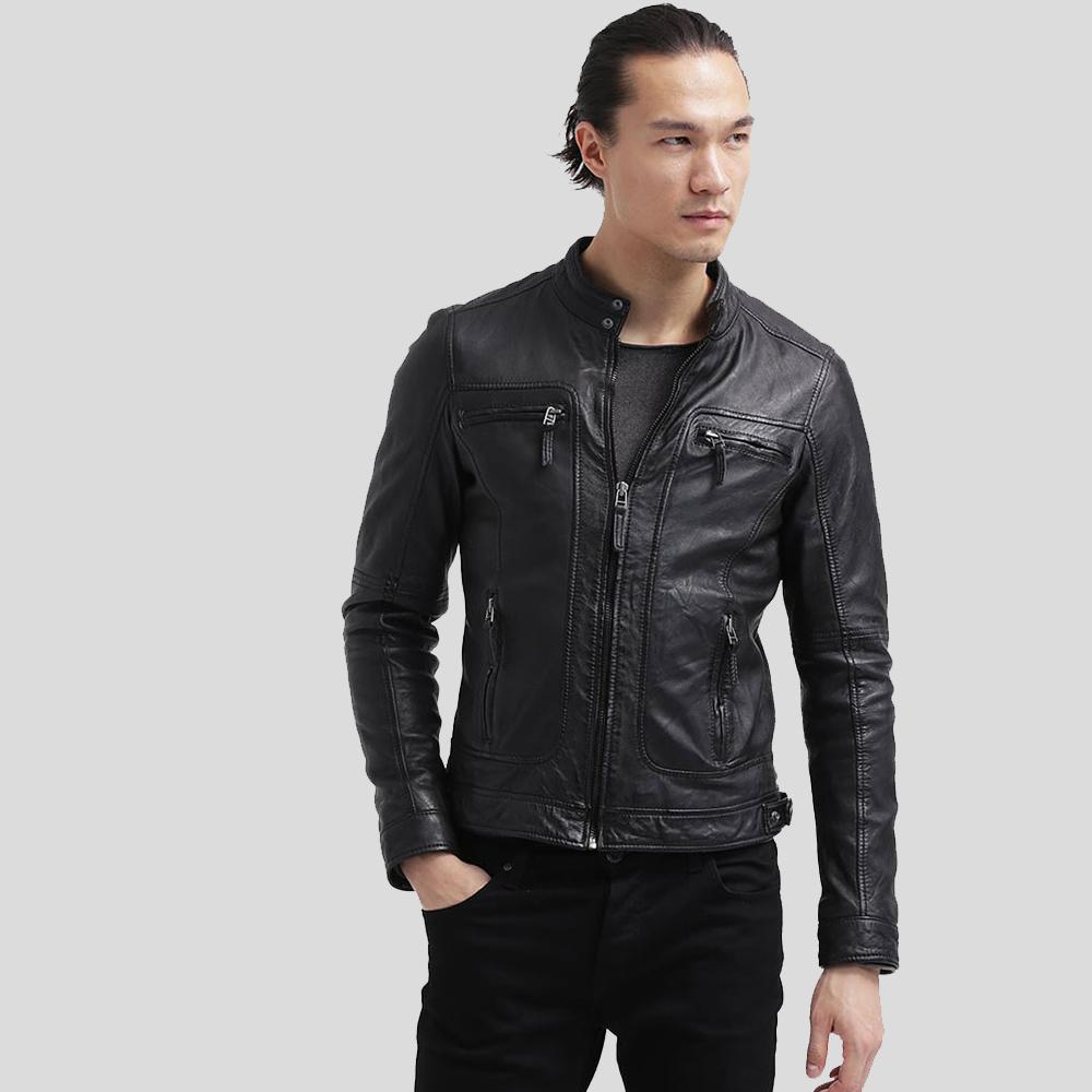 men's black quilted lambskin leather racer jacket valen front view