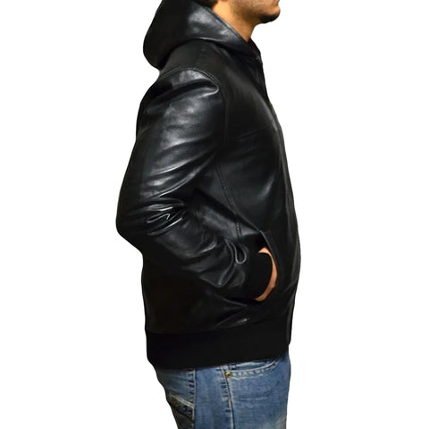 Shane Black Bomber Leather Jacket Hooded