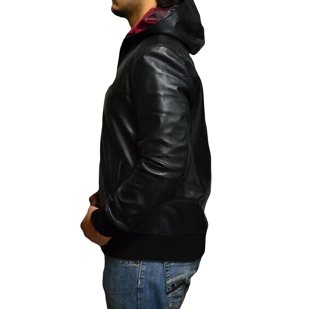 Shane Black Bomber Leather Jacket Hooded