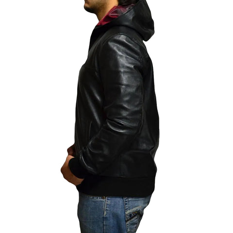 Shane Black Bomber Leather Jacket Hooded