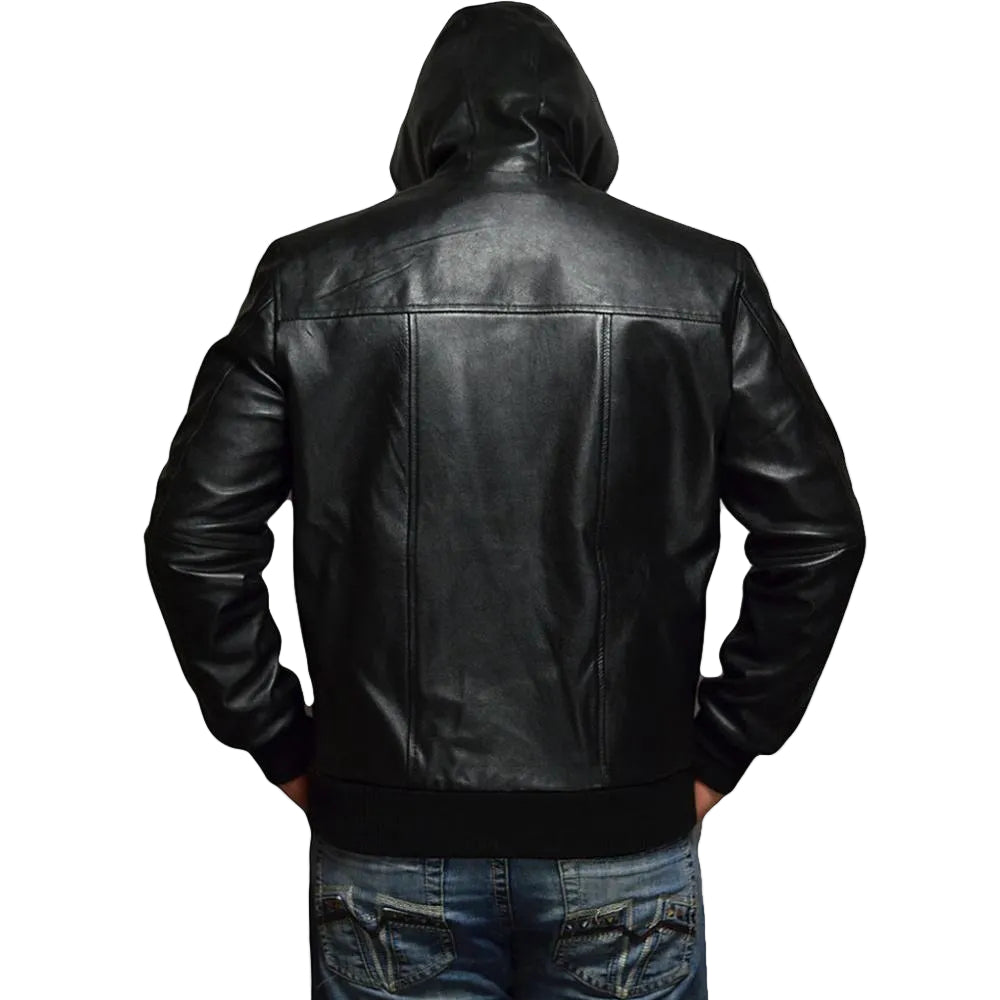 Shane Black Bomber Leather Jacket Hooded