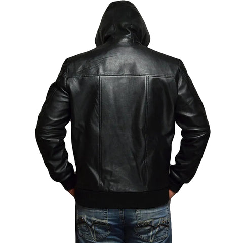 Shane Black Bomber Leather Jacket Hooded