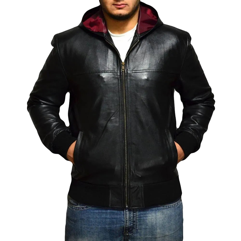 Shane Black Bomber Leather Jacket Hooded