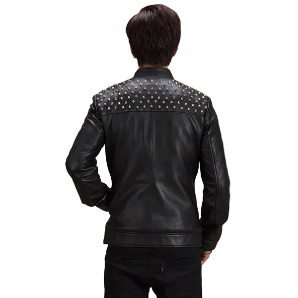 Premium studded leather jacket with biker-inspired design
