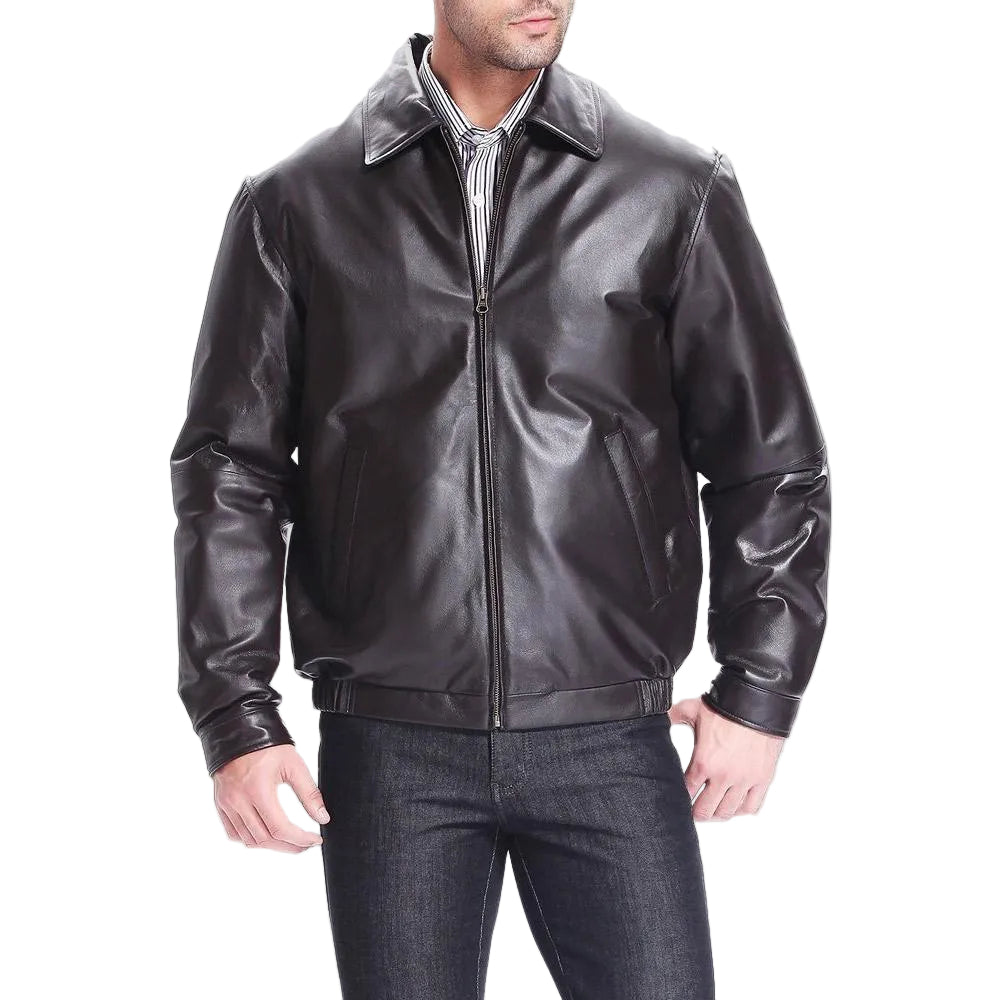 Black leather bomber jacket for men with premium everyday style
