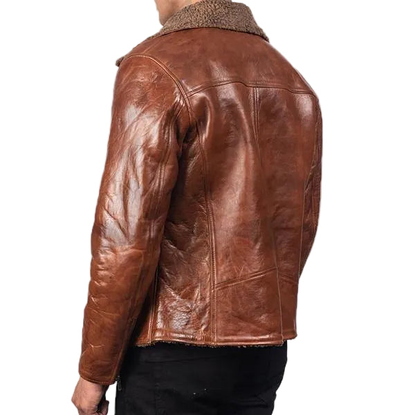 men’s brown sheepskin leather jacket side angle