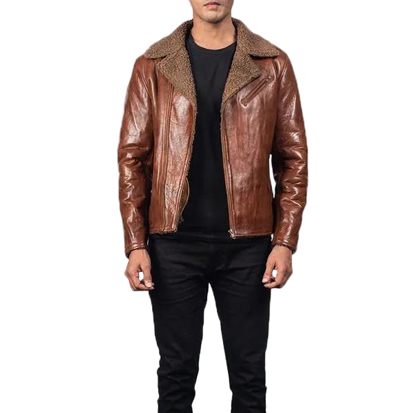 men’s brown sheepskin leather jacket front view