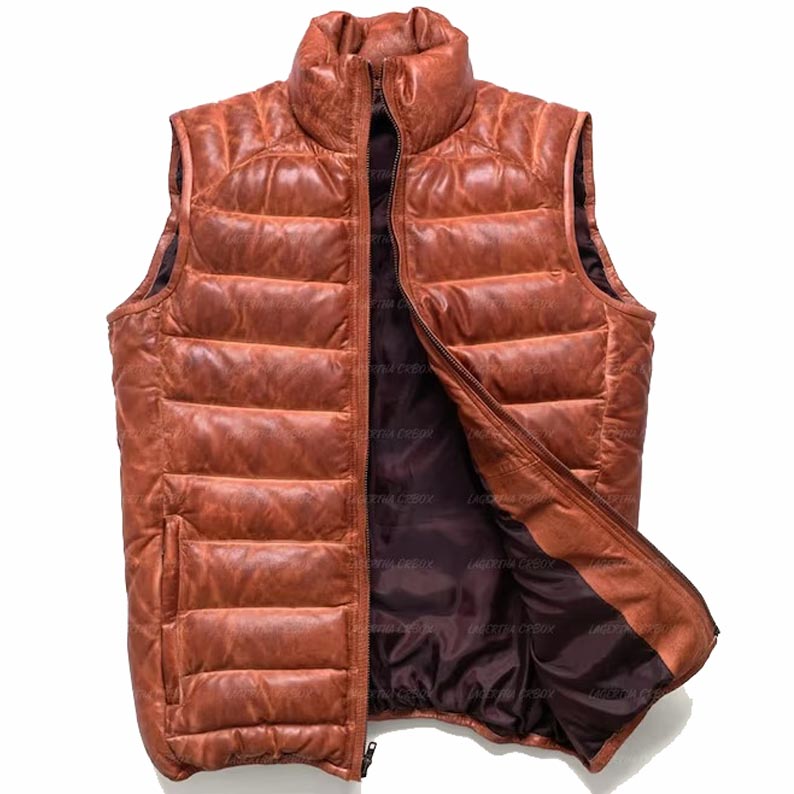 Men's Brown Sheepskin Leather Puffer Vest - AMSEL LEATHERS