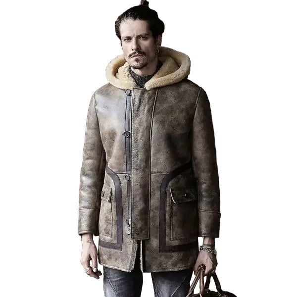 Sheepskin Coat Long Leather Jacket Hooded Fur Coat Thick Mens Winter Coats