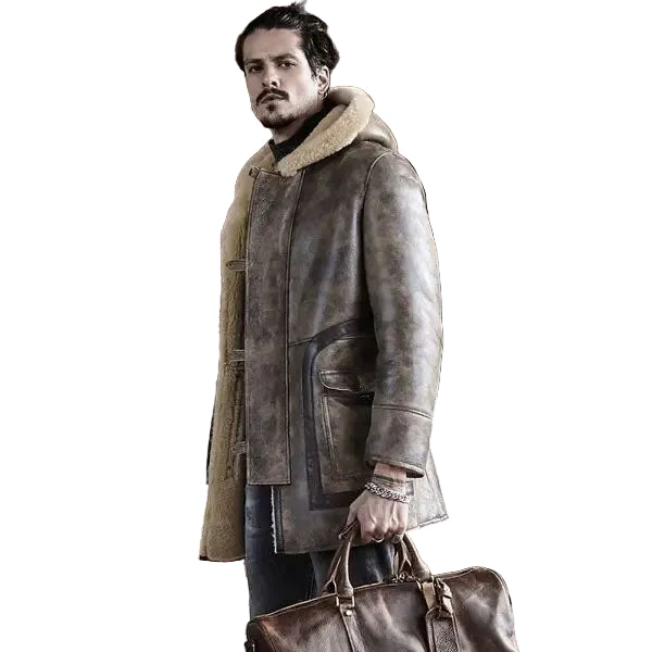 Sheepskin Coat Long Leather Jacket Hooded Fur Coat Thick Mens Winter Coats
