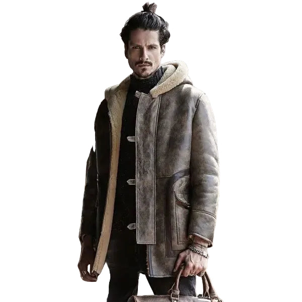 Sheepskin Coat Long Leather Jacket Hooded Fur Coat Thick Mens Winter Coats