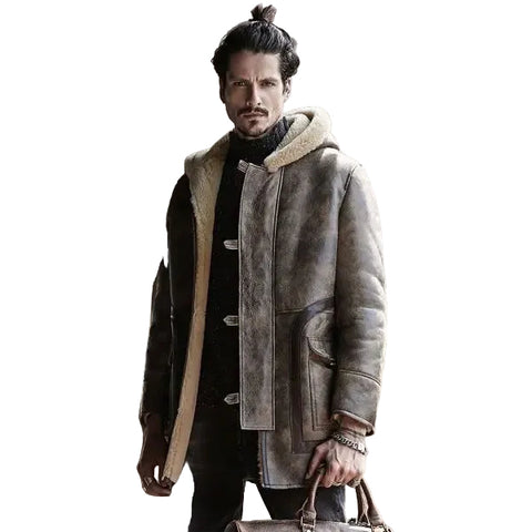 Sheepskin Coat Long Leather Jacket Hooded Fur Coat Thick Mens Winter Coats