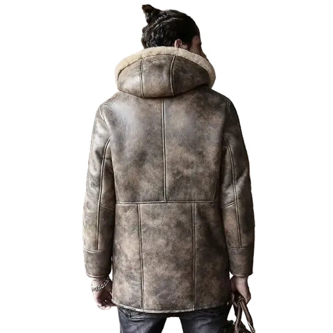 Sheepskin Coat Long Leather Jacket Hooded Fur Coat Thick Mens Winter Coats