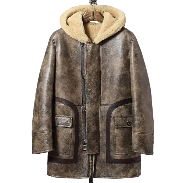 Sheepskin Coat Long Leather Jacket Hooded Fur Coat Thick Mens Winter Coats