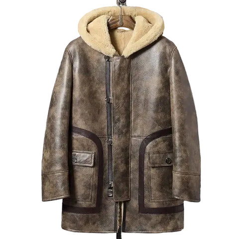 Sheepskin Coat Long Leather Jacket Hooded Fur Coat Thick Mens Winter Coats