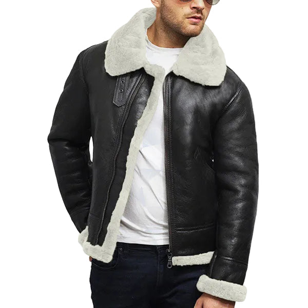Sheepskin aviator leather jacket with ginger wool lining
