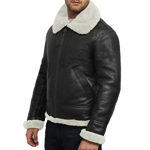Sheepskin aviator leather jacket with ginger wool lining
