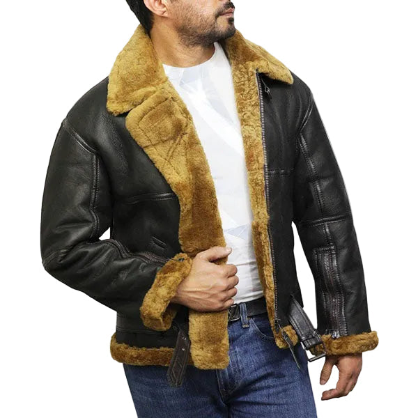 Sheepskin flying jacket for men with thick fleece lining
