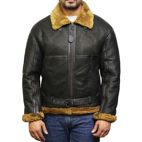 Sheepskin flying jacket for men with thick fleece lining
