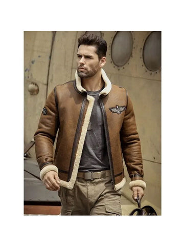 Sheepskin leather bomber jacket with mandarin collar