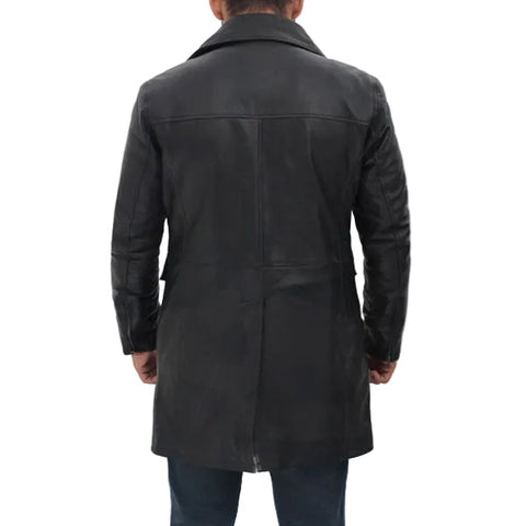 Shelby Mens Four Pocket Black Leather Trench Coat