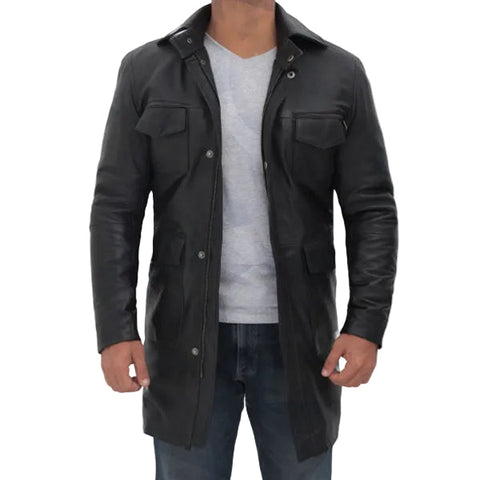 Shelby Mens Four Pocket Black Leather Trench Coat