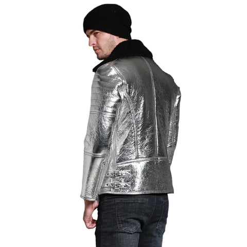 Shiny silver aviator leather jacket for men
