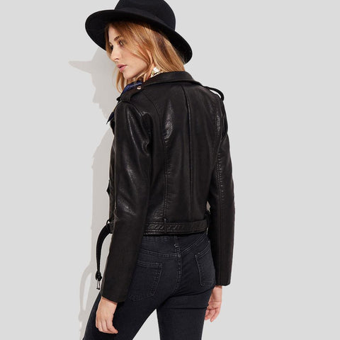 women's black lambskin leather biker jacket sienna side angle