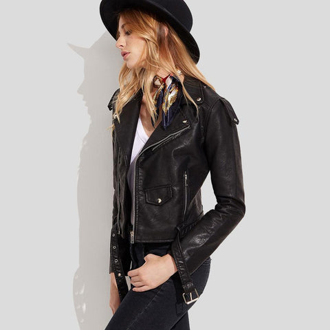 women's black lambskin leather biker jacket sienna back view